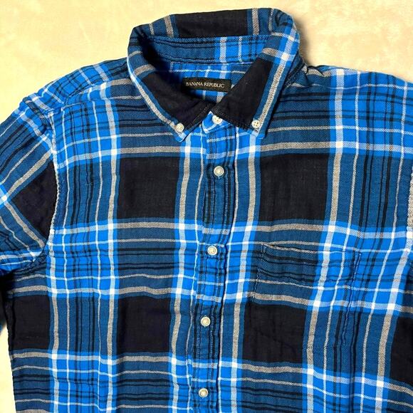 Banana Republic 2 Layer Flannel Untucked Slim Fit Men's L Blue & White Nautical - Picture 2 of 9